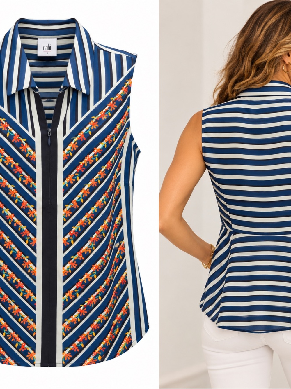 Cabi Navy Stripe Embroidered Sleeveless Shirt
